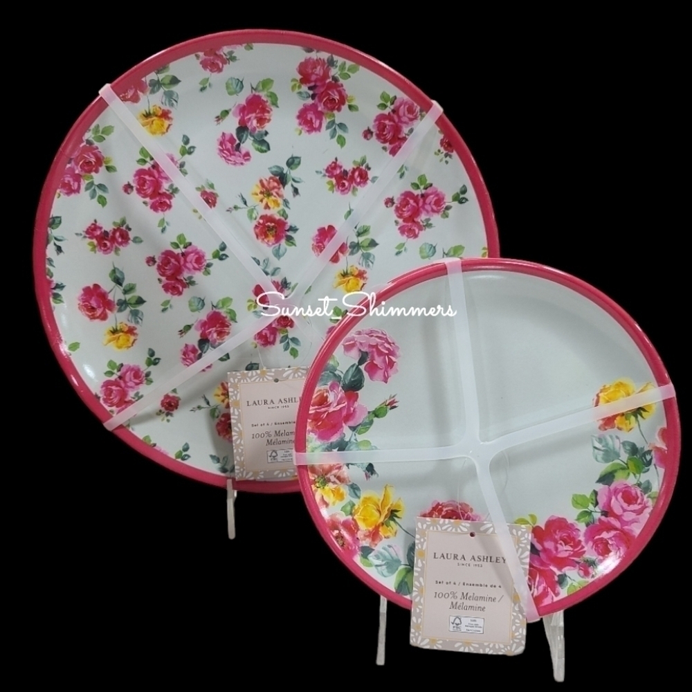 8pc LAURA ASHLEY Pink Yellow Rose Melamine DINNER / Salad App Dessert Plates NEW